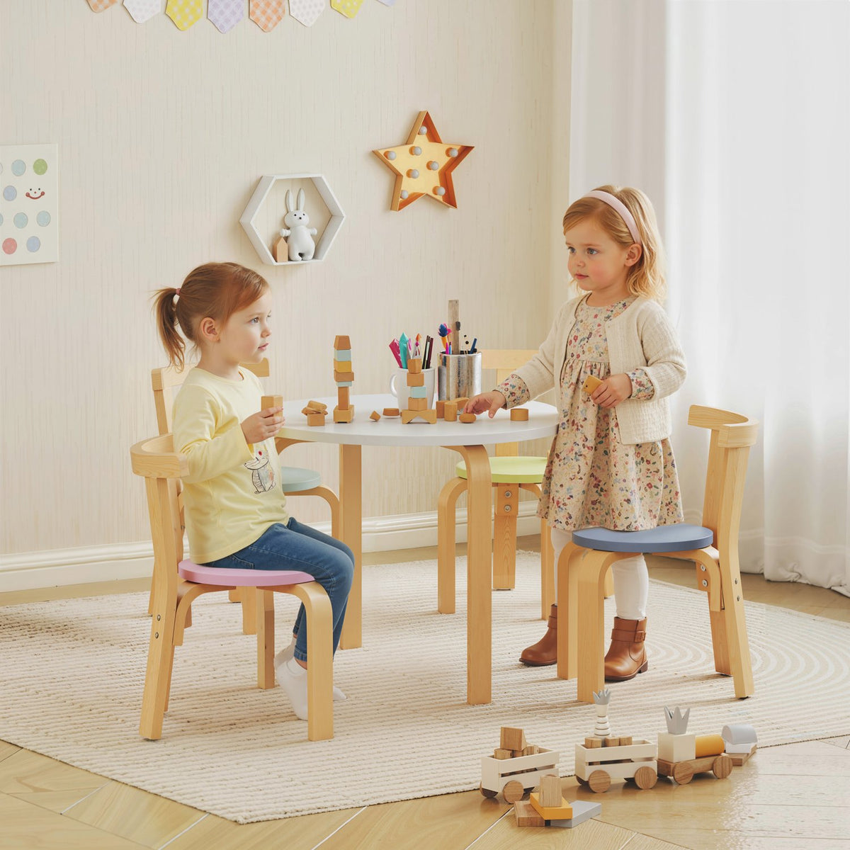 Kindertafel- en stoelenset, 5-delig, kleurrijk massief hout