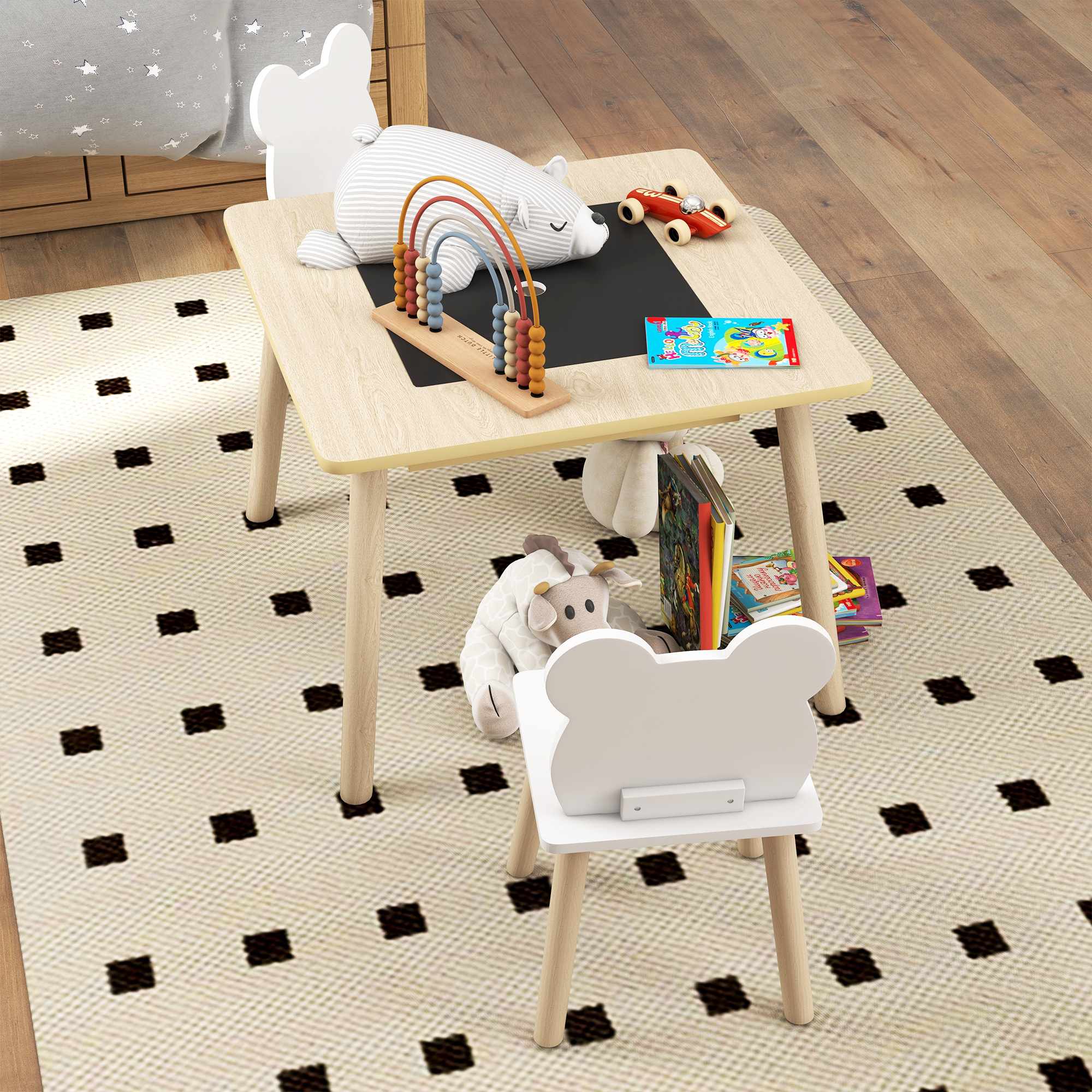 Barnbordsset med 2 björnstolar, förvaring, åldrar 3-6