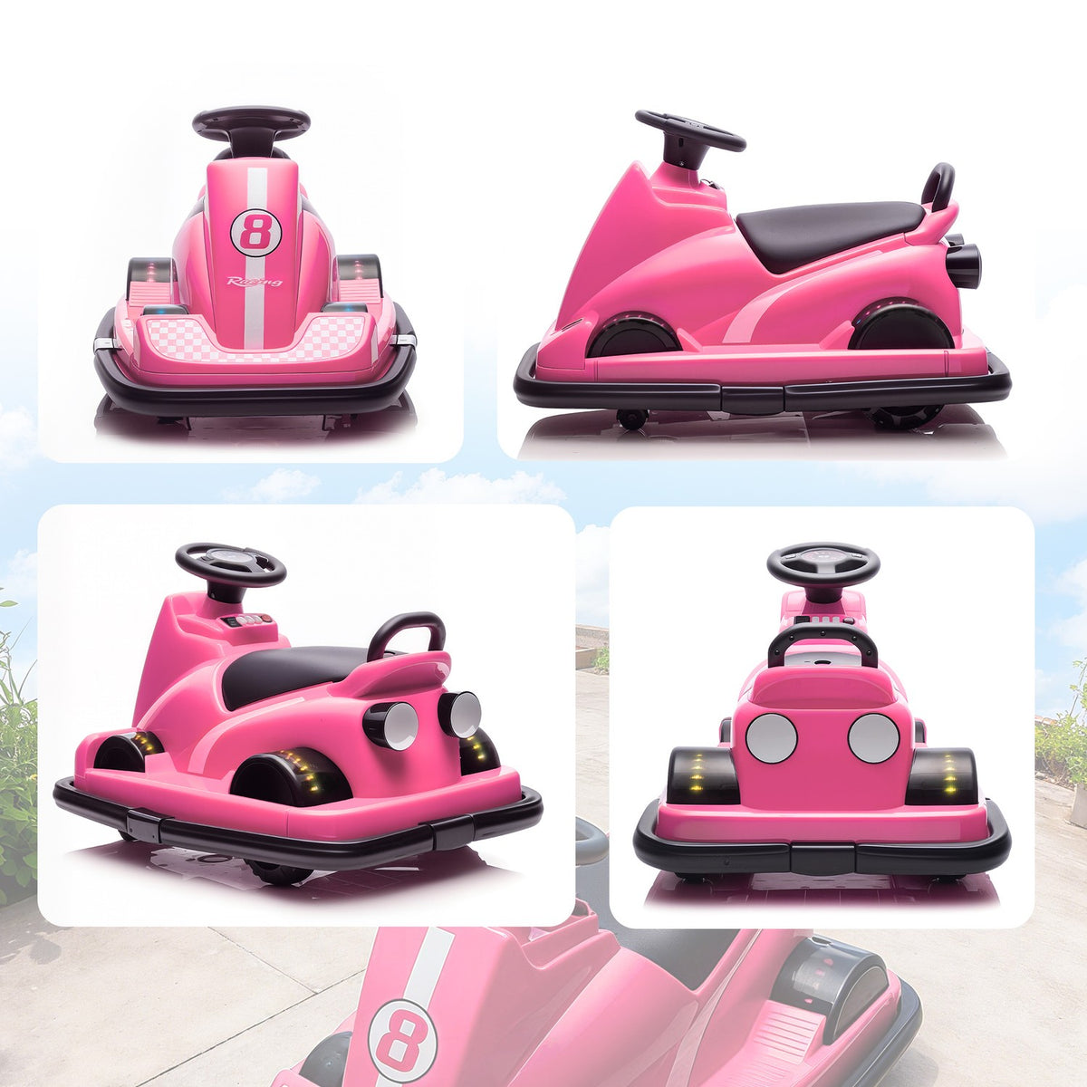 Kinderbumperauto, 360 graden draaien, ledverlichting, muziek, roze