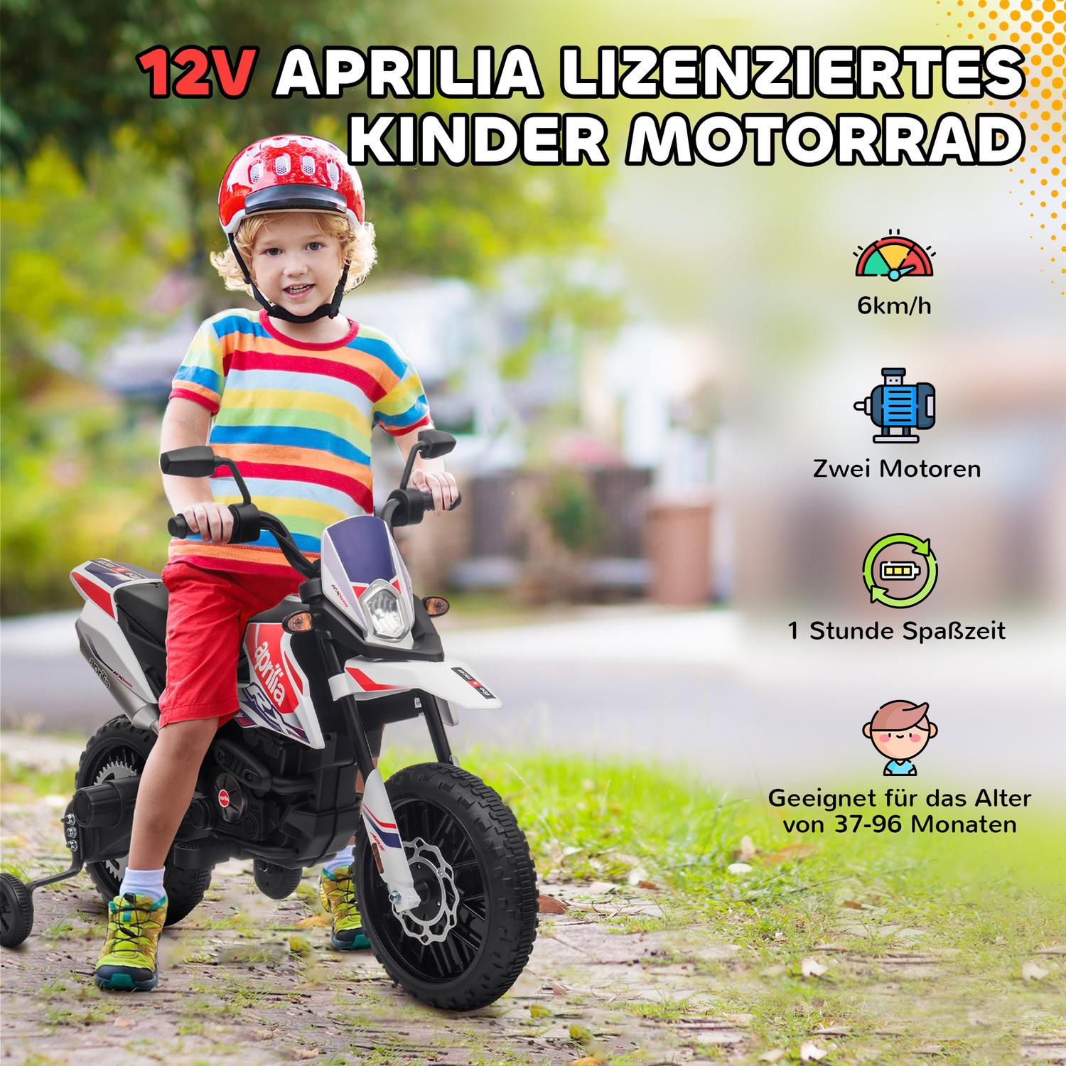 Moto elettrica 12V per bambini con musica, 6 km/h, bianca