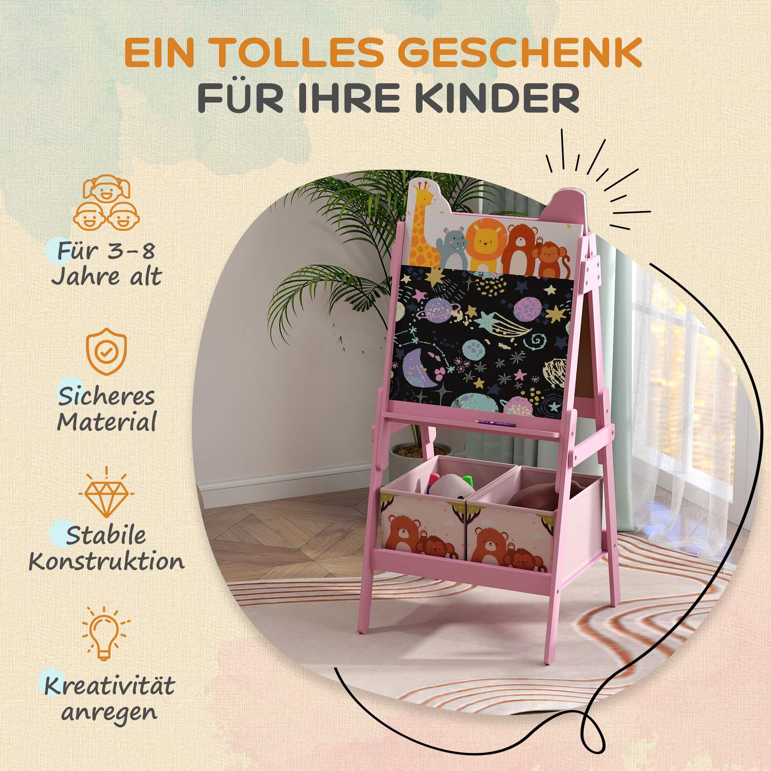 2-in-1 roze schildersezel voor kinderen – Schoolbord & Whiteboard