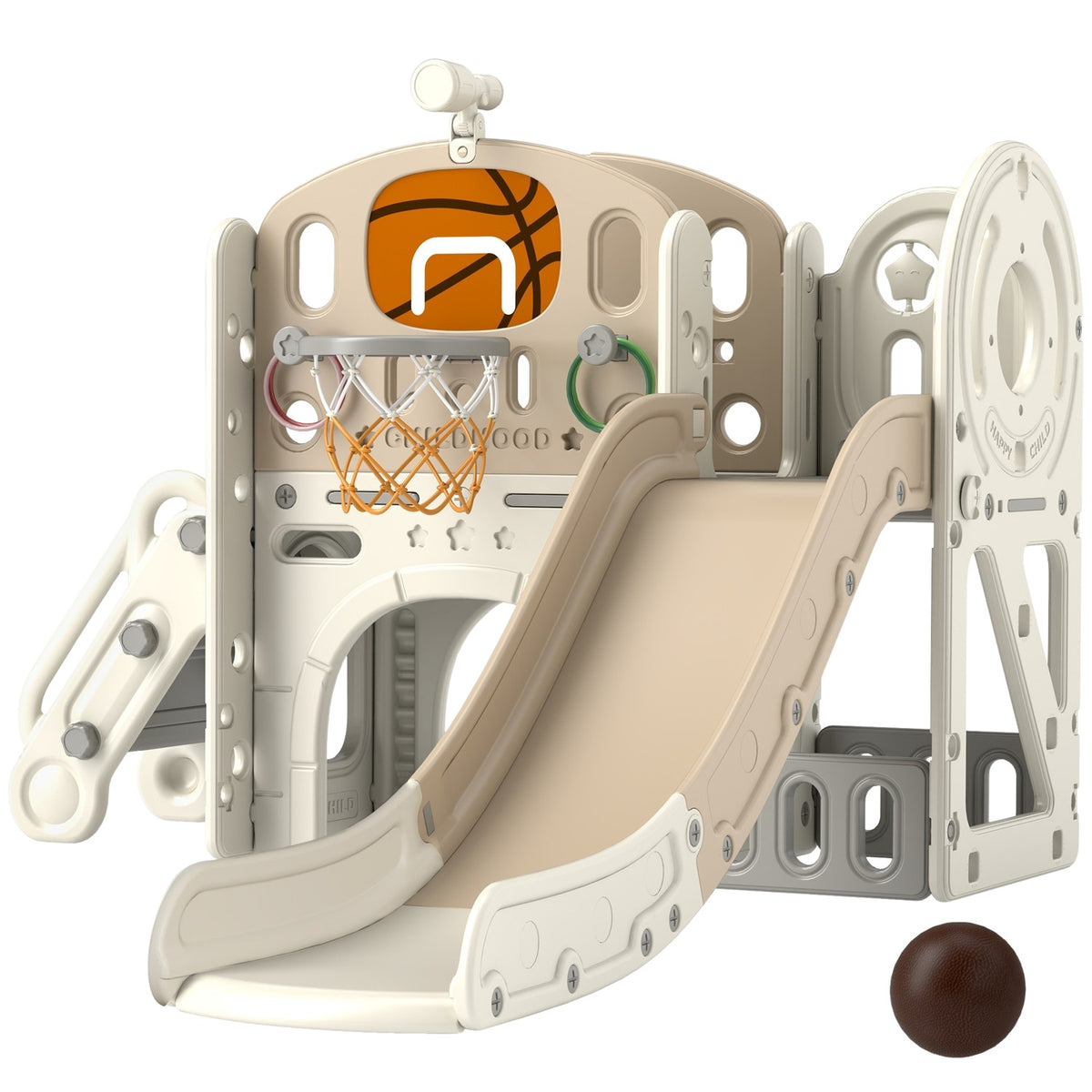 Kinder 7-in-1 glijbaan klimrek met basketbalring