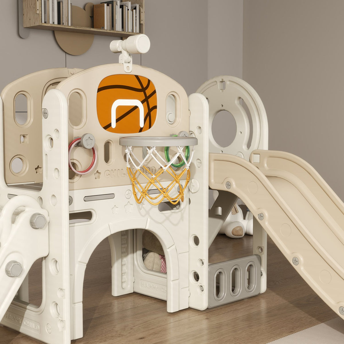 Kinder 7-in-1 glijbaan klimrek met basketbalring