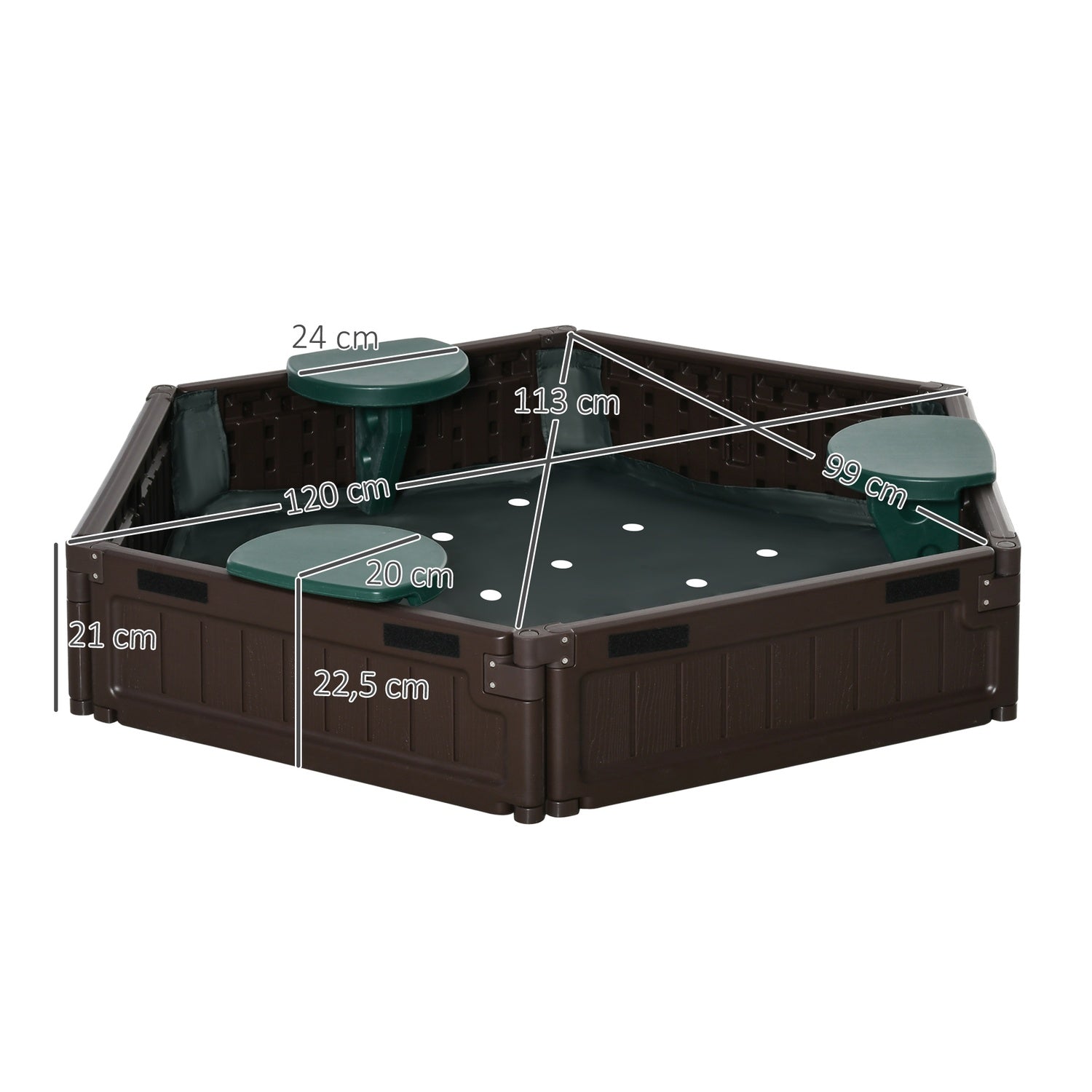 Kinderspeelzandbak met zitjes – HDPE, bruin, Ø120x21cm