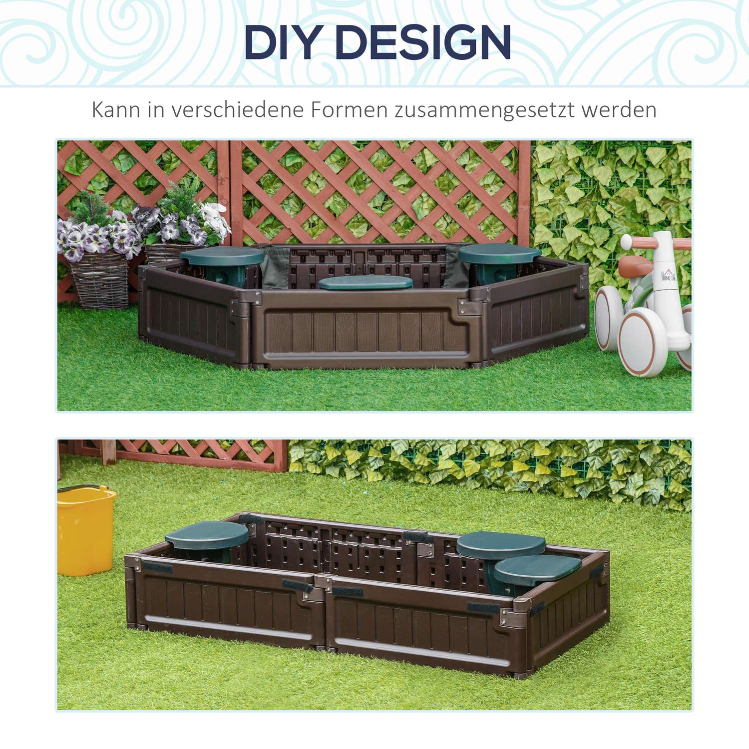 Kinderspeelzandbak met zitjes – HDPE, bruin, Ø120x21cm