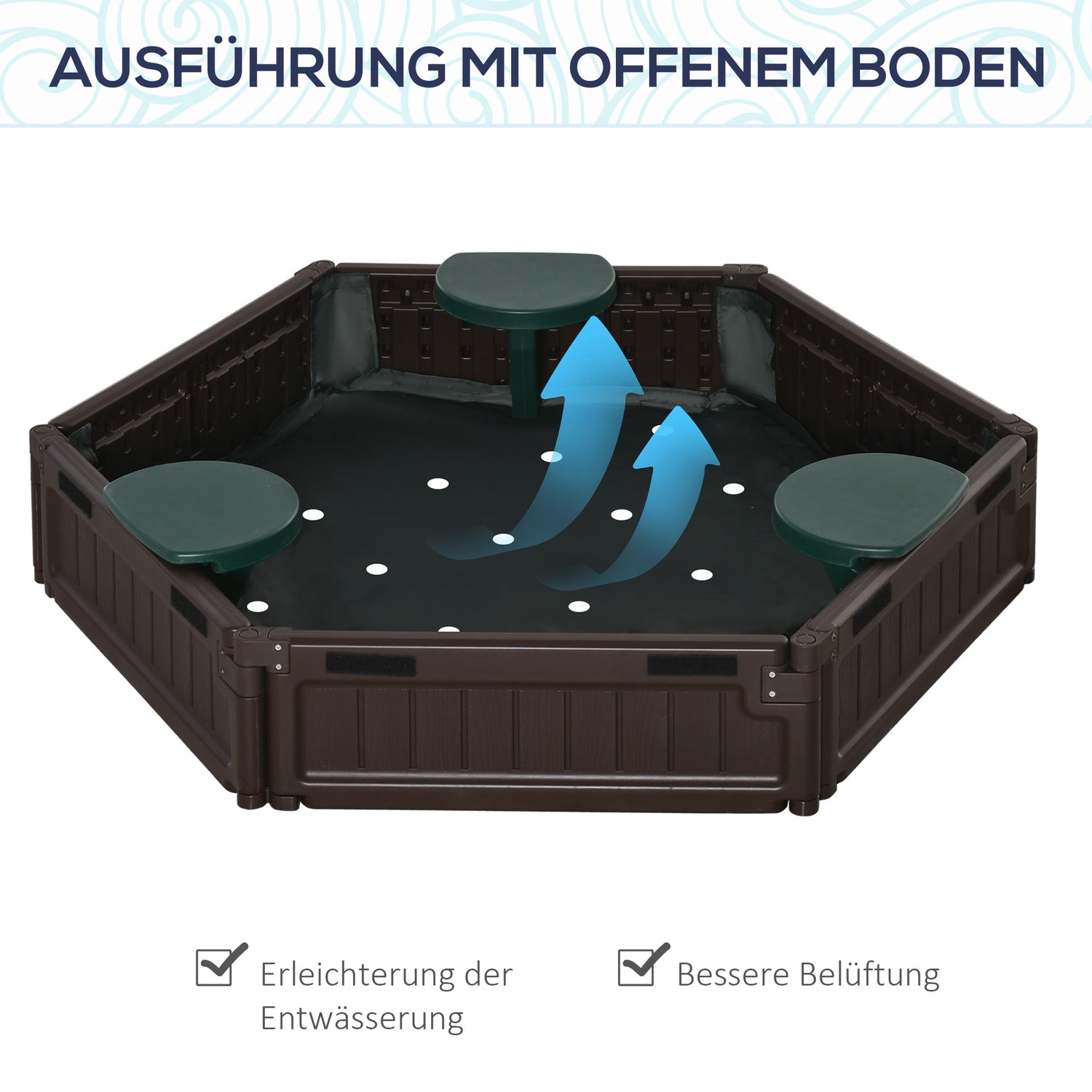 Kinderspeelzandbak met zitjes – HDPE, bruin, Ø120x21cm