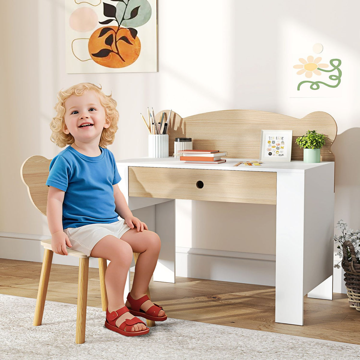 Kinderbureau set, bureau en stoel in de vorm van een beer met lade, voor schrijven en knutselen, 3-8 jaar, natuurlijk hout