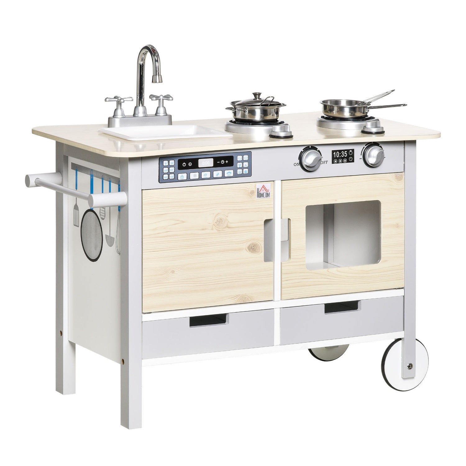 Kinderkeuken op wielen, hout, 70x40x66,5 cm, 7-delige set