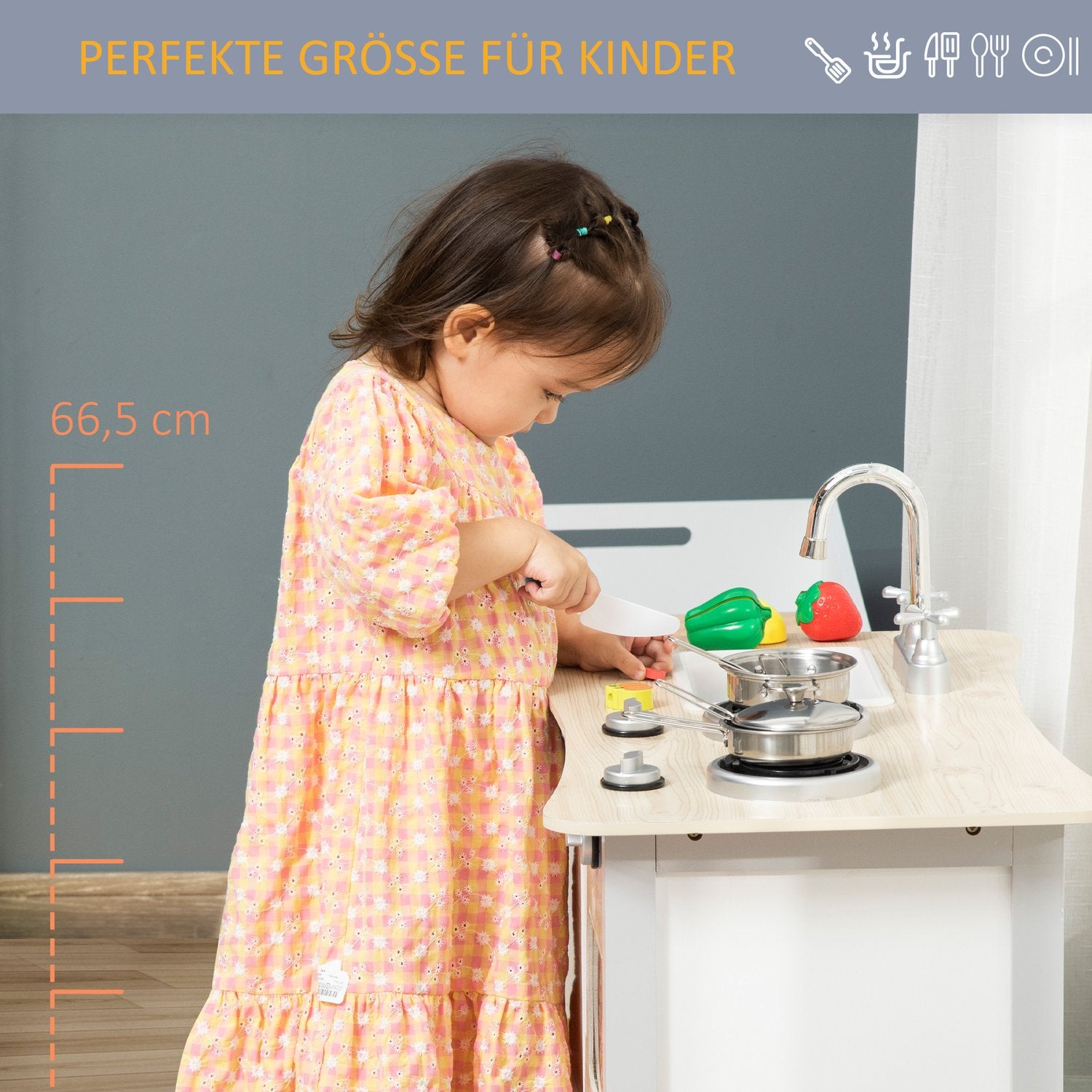Kinderkeuken op wielen, hout, 70x40x66,5 cm, 7-delige set