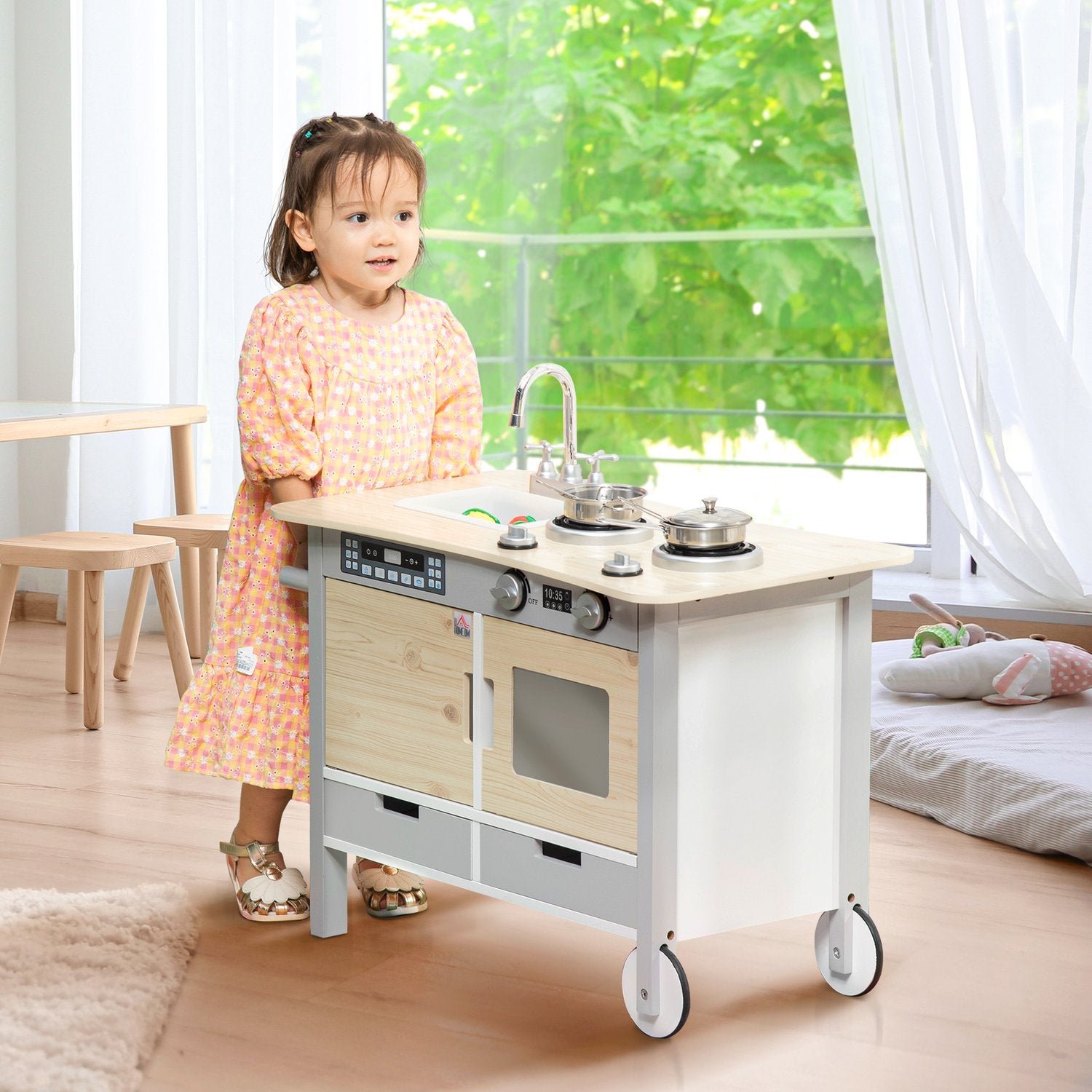 Kinderkeuken op wielen, hout, 70x40x66,5 cm, 7-delige set