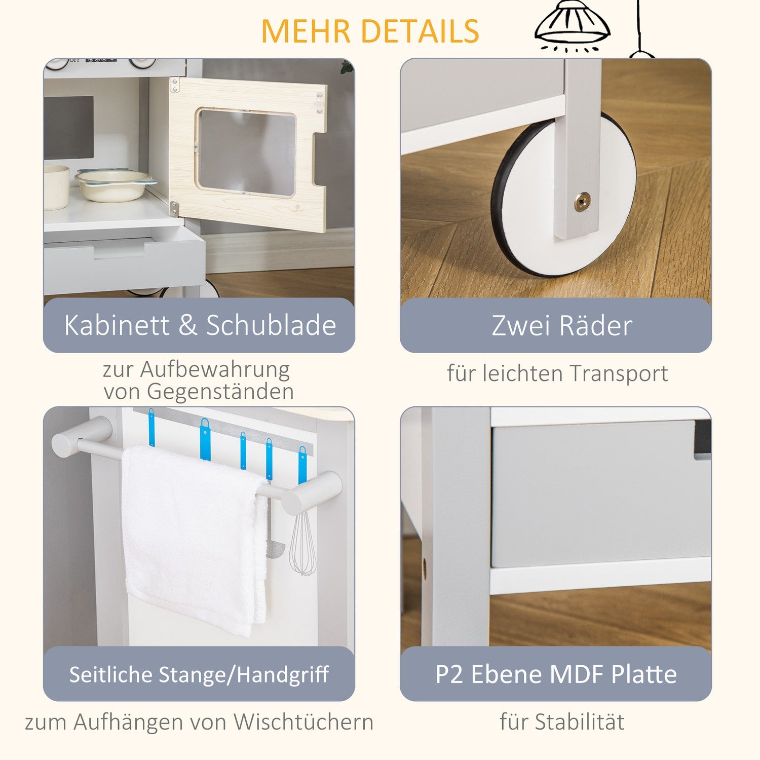 Kinderkeuken op wielen, hout, 70x40x66,5 cm, 7-delige set