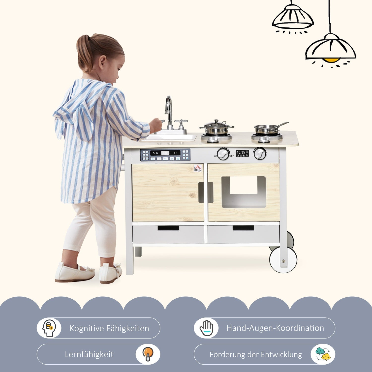 Kinderkeuken op wielen, hout, 70x40x66,5 cm, 7-delige set