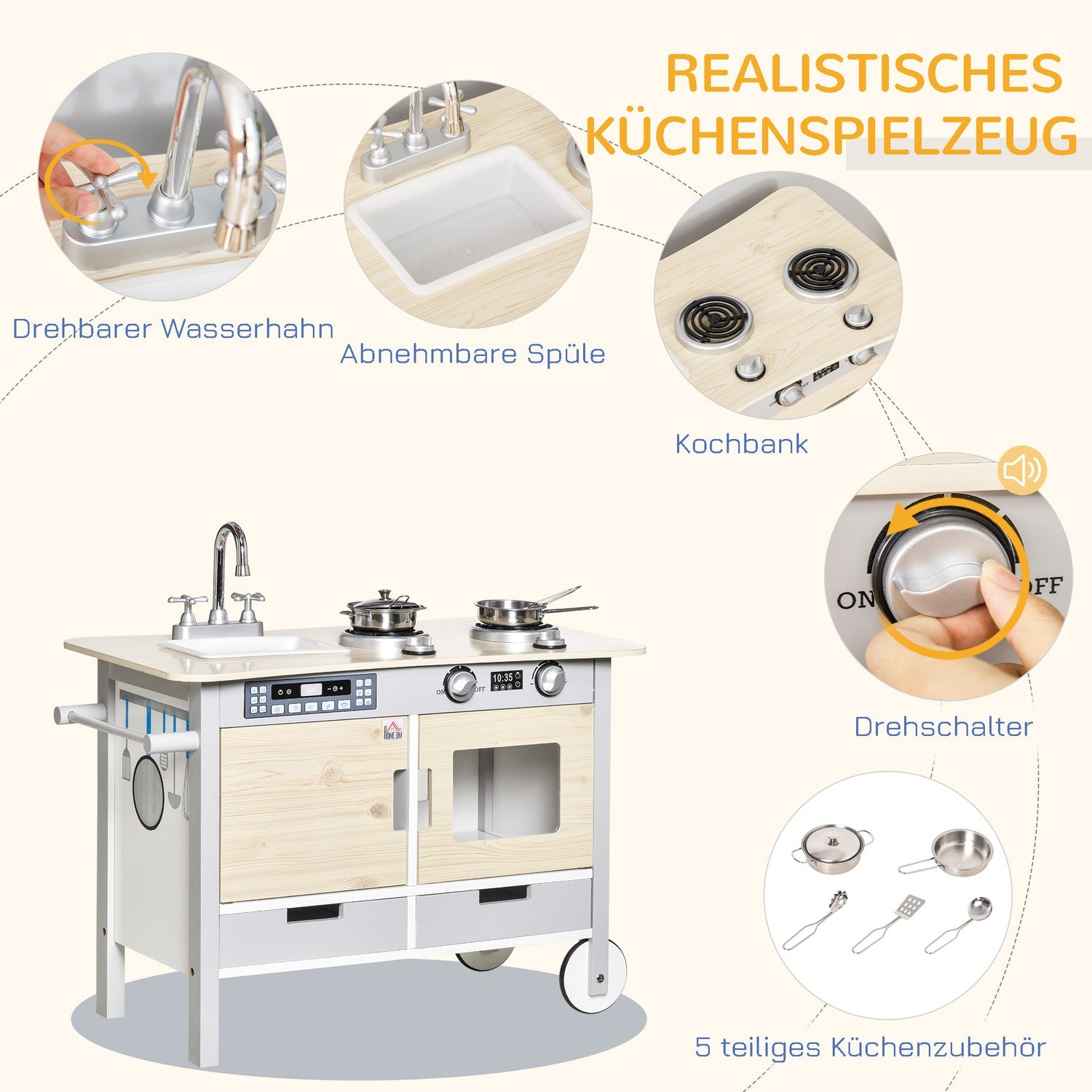 Kinderkeuken op wielen, hout, 70x40x66,5 cm, 7-delige set