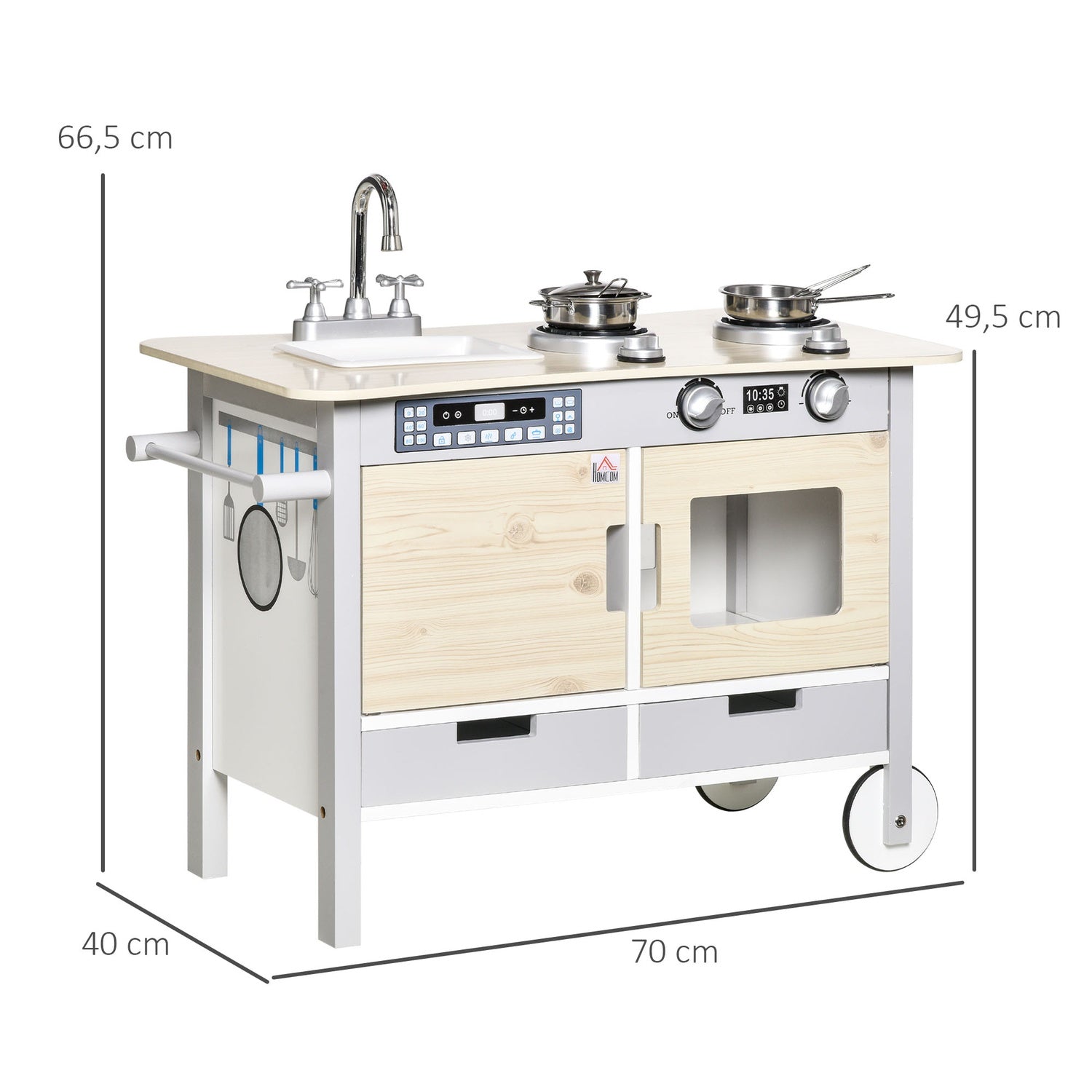 Kinderkeuken op wielen, hout, 70x40x66,5 cm, 7-delige set