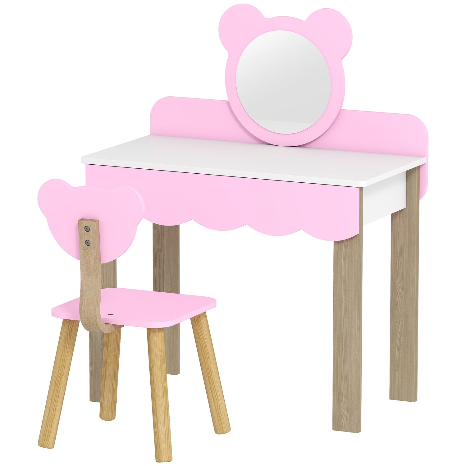 Kinderbeddengoed met kruk, berenvormige spiegel, roze MDF