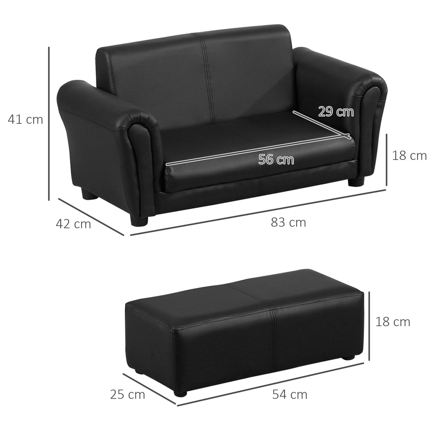 Kinder fauteuil & poef set zwart – Comfortabel 83cm
