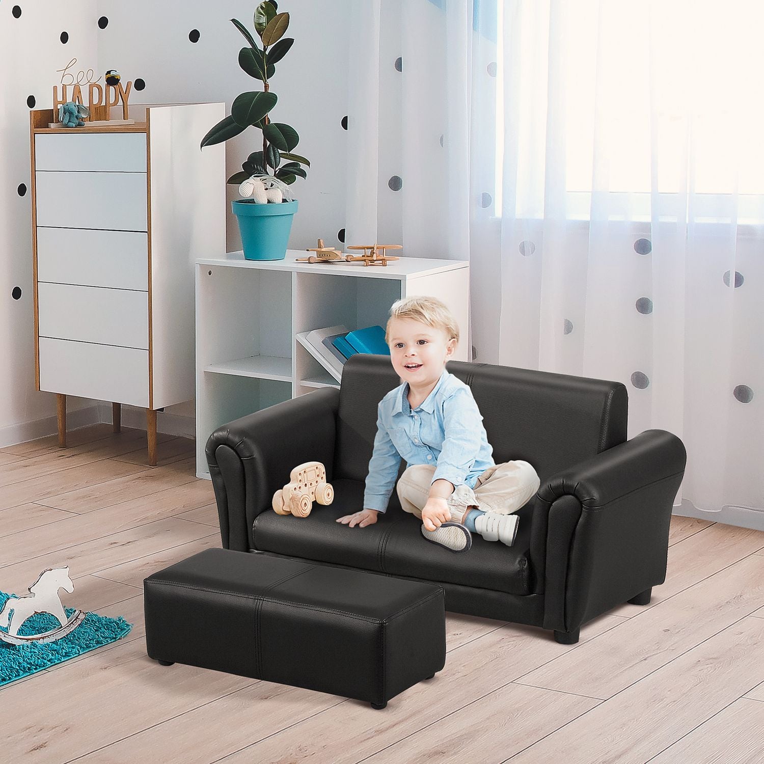 Kinder fauteuil & poef set zwart – Comfortabel 83cm