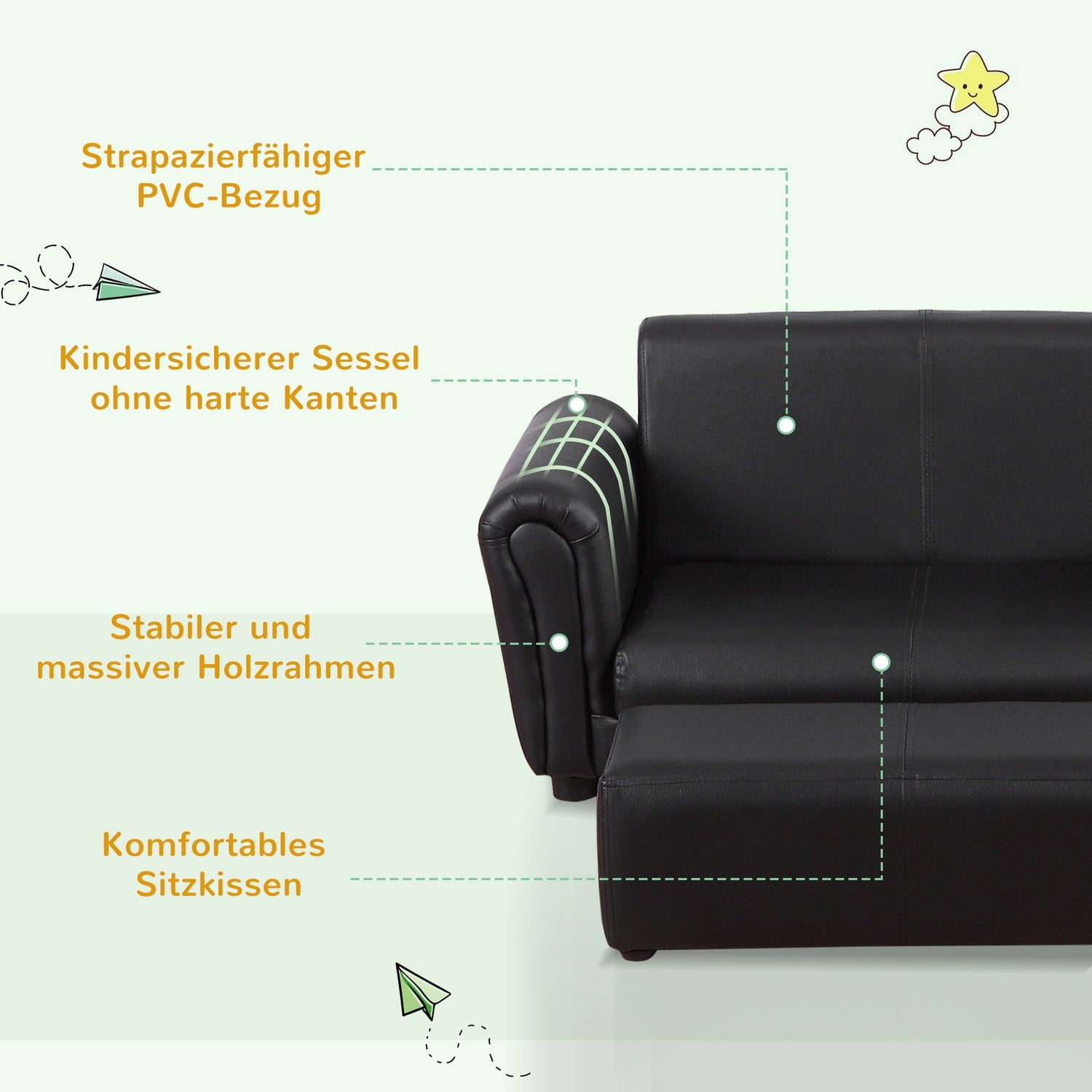 Kinder fauteuil & poef set zwart – Comfortabel 83cm