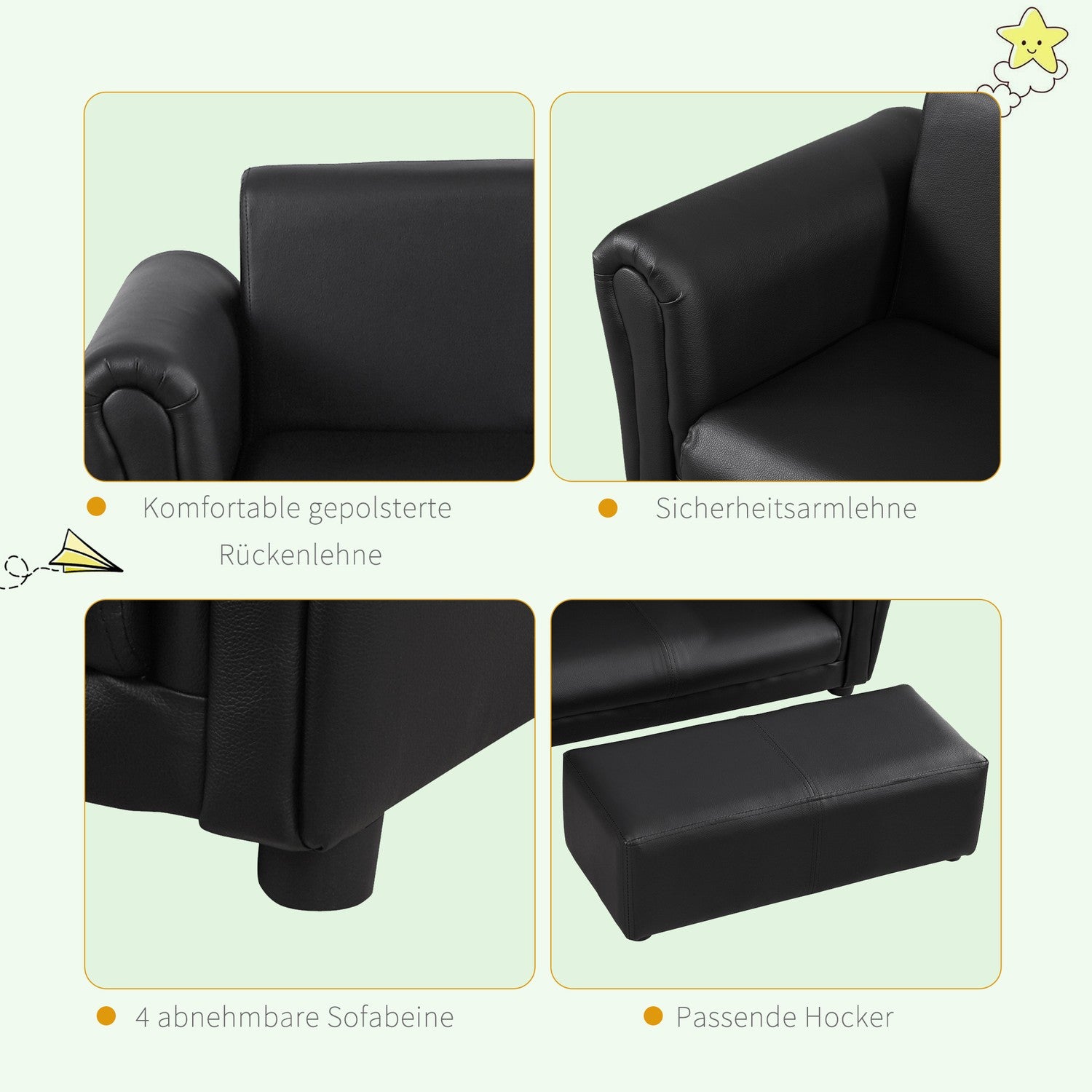Kinder fauteuil & poef set zwart – Comfortabel 83cm