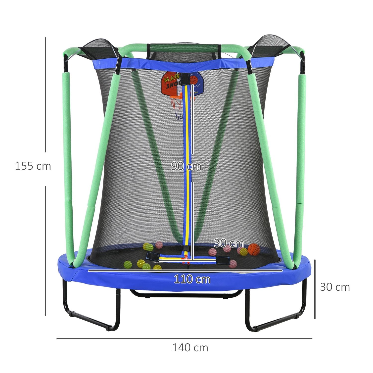 Kindertrampoline met vangnet en basketbalring, 140 cm