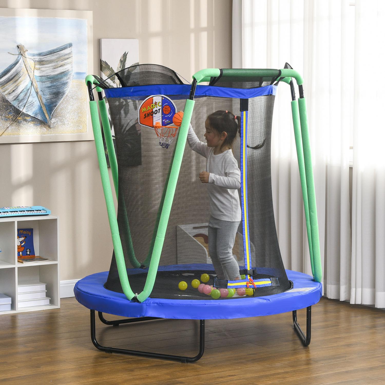 Kindertrampoline met vangnet en basketbalring, 140 cm