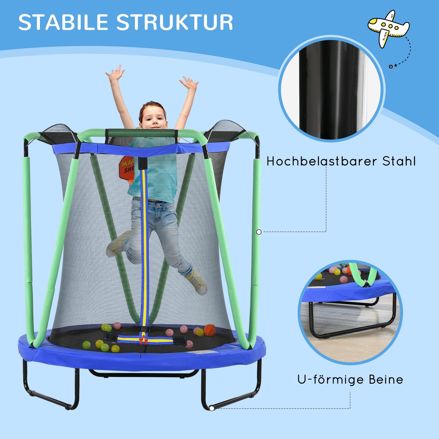 Kindertrampoline met vangnet en basketbalring, 140 cm