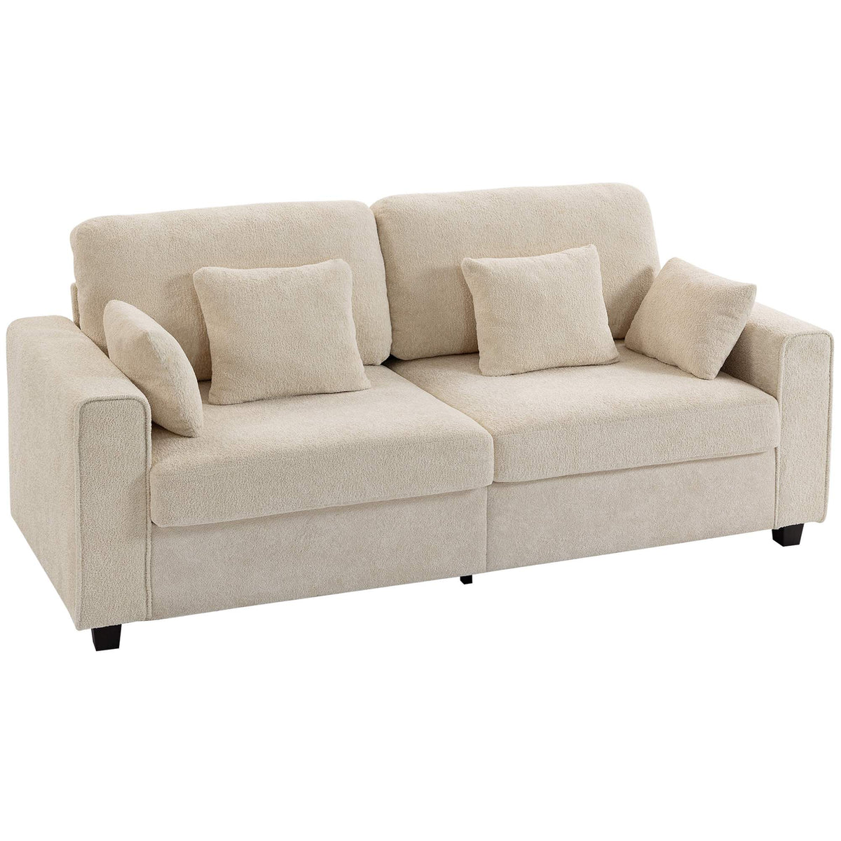Beige 3-zitsbank met fluwelen bekleding en diepe zitting