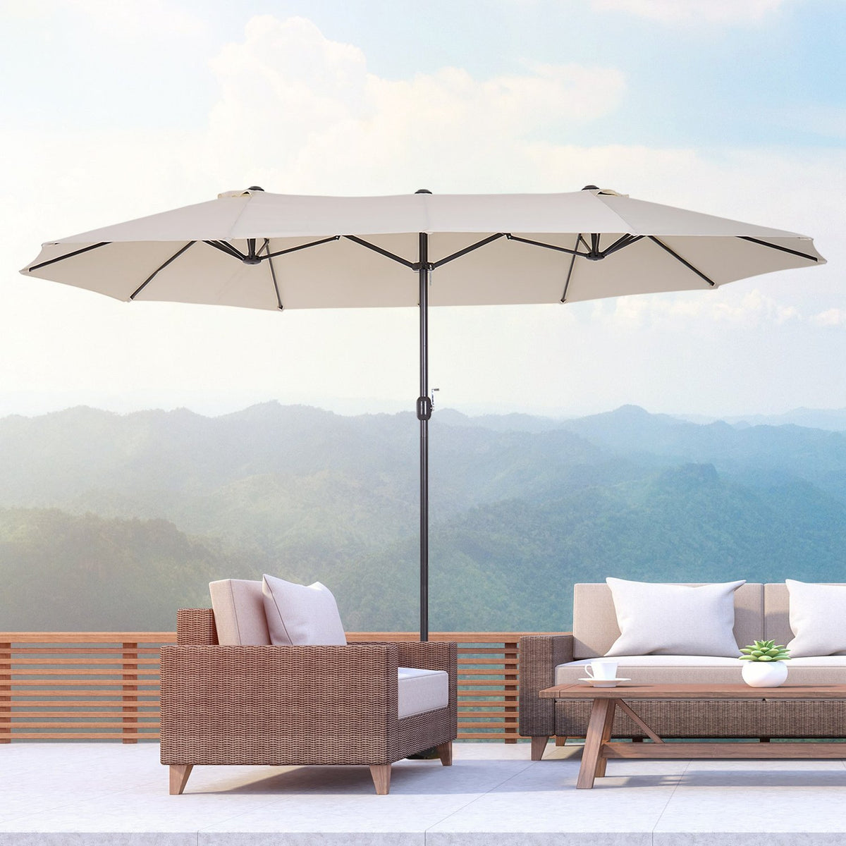 Beige Ovaal Dubbel Tuinparasol met Handslinger, 455x270 cm