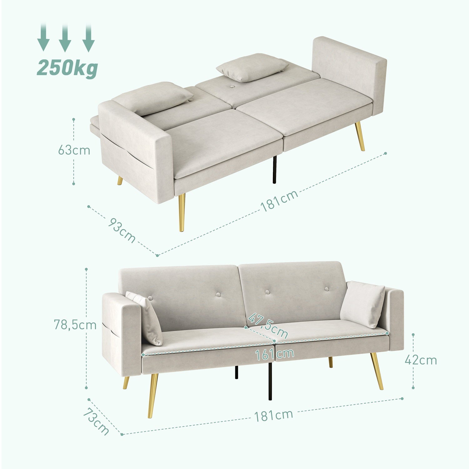 Canapé-lit beige, 2 places avec dossier réglable et poche