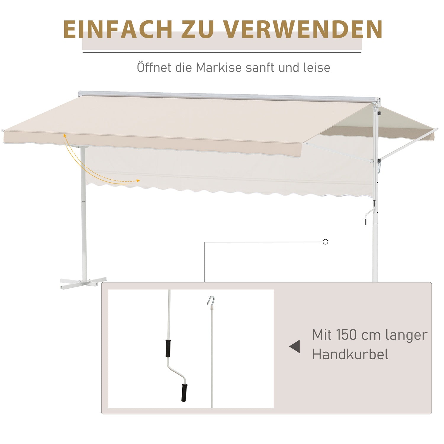 Beige inklapbaar terrasscherm, handbediend, 4,5x3,4M