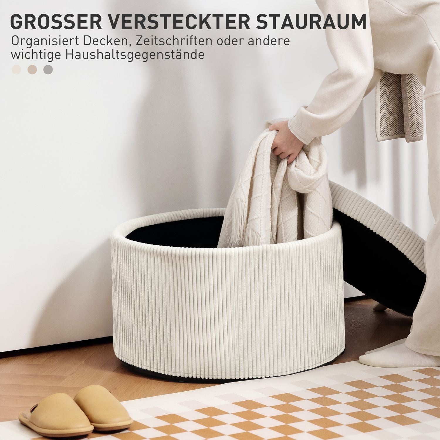 Beiger runder Ottomane-Hocker mit Aufbewahrung, 60x60x41 cm