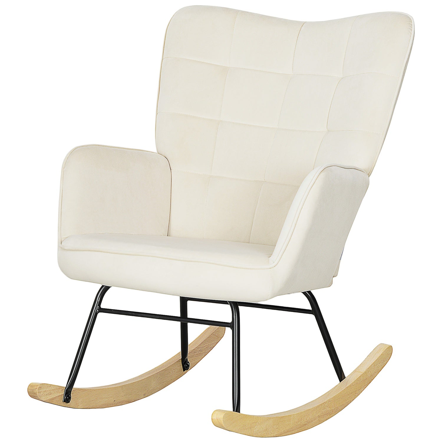 Beige fluwelen schommelstoel met houten poten