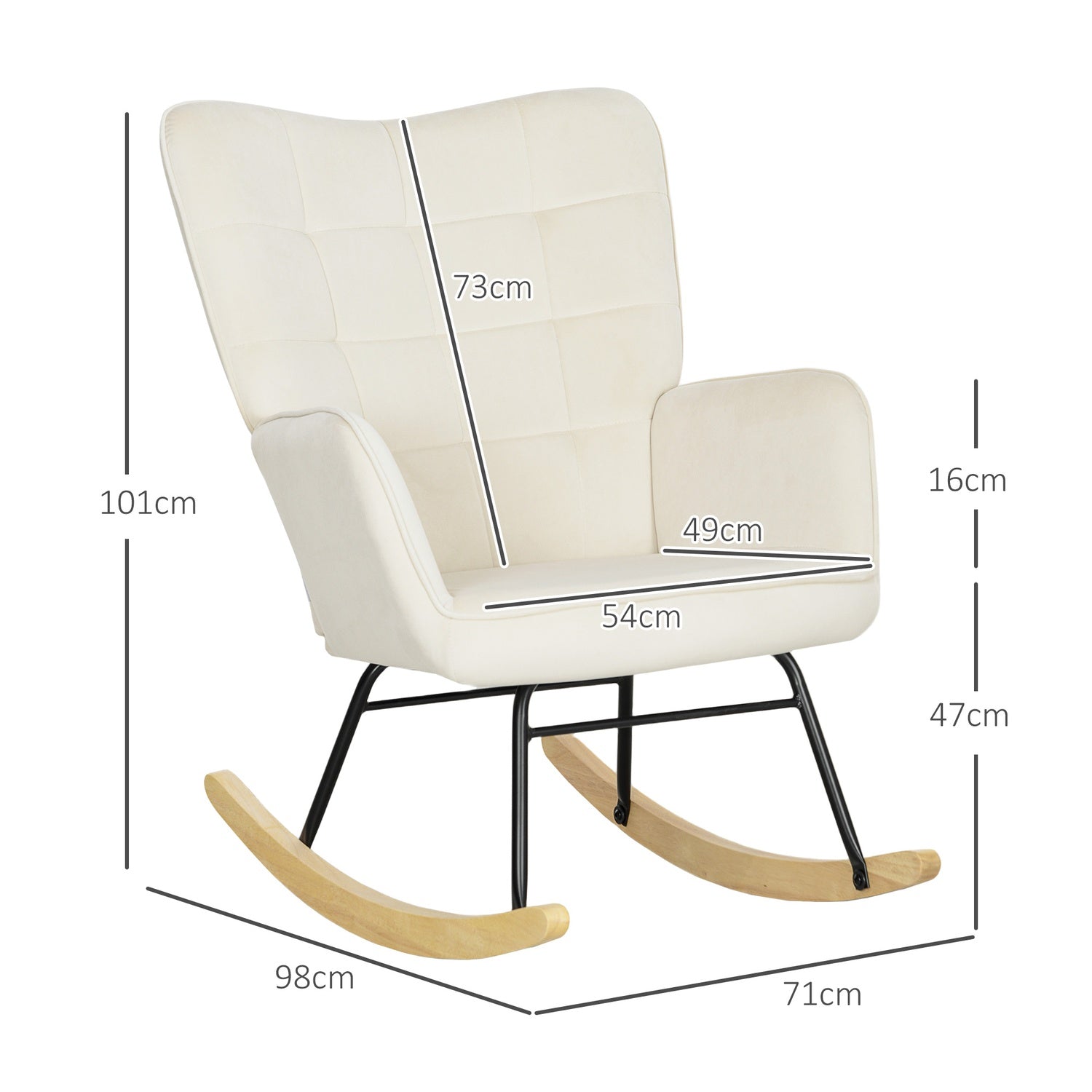 Beige fluwelen schommelstoel met houten poten