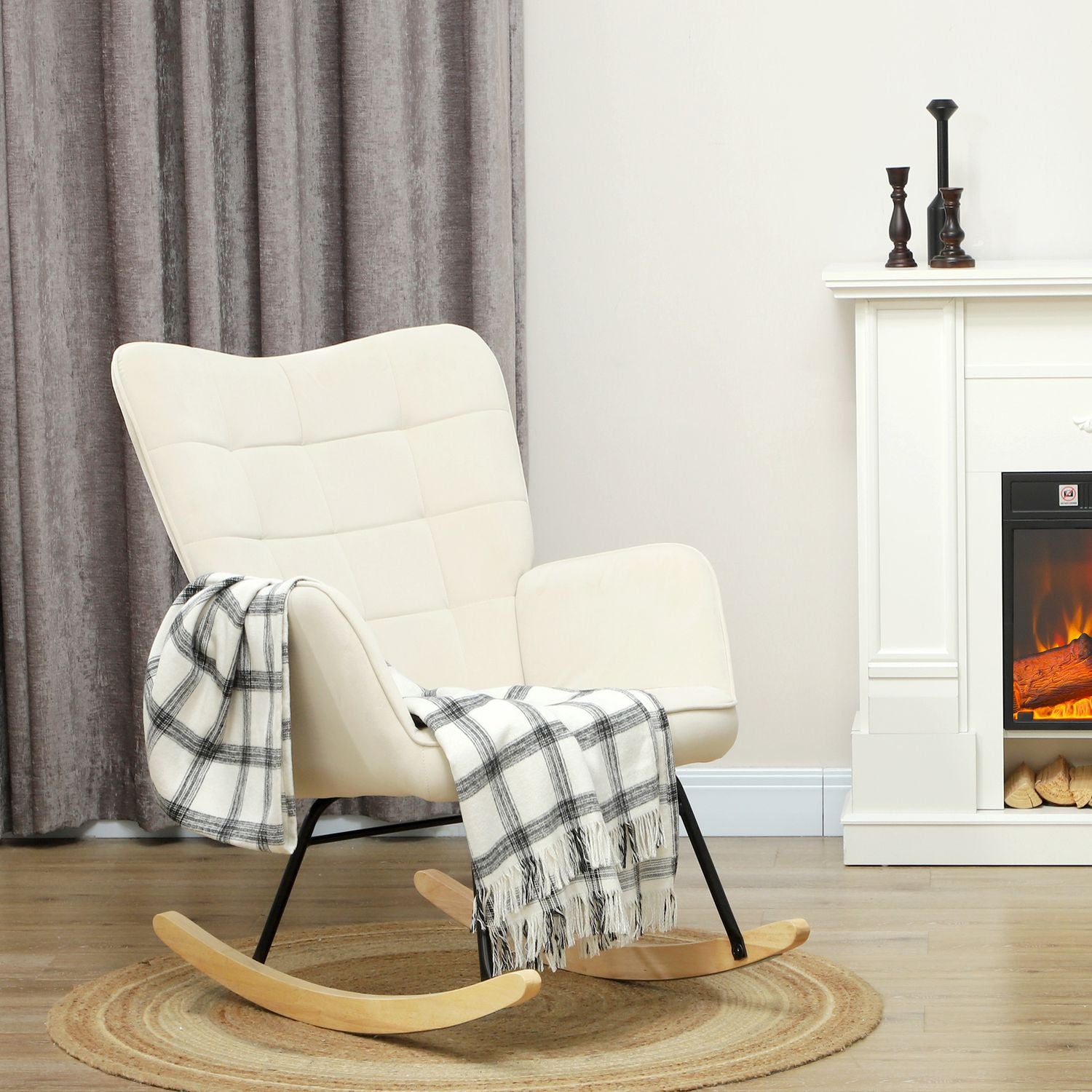 Beige fluwelen schommelstoel met houten poten