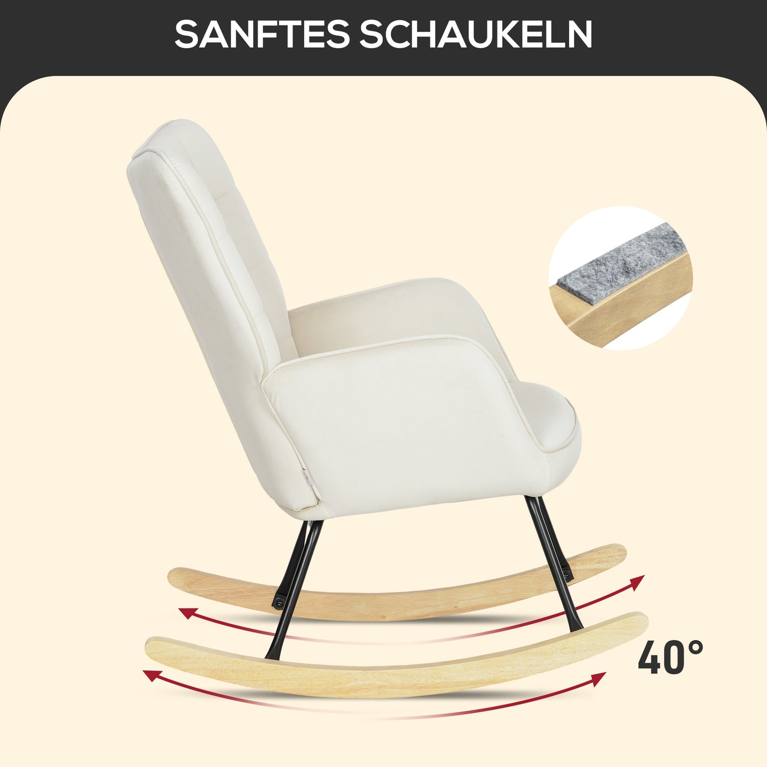 Beige fluwelen schommelstoel met houten poten