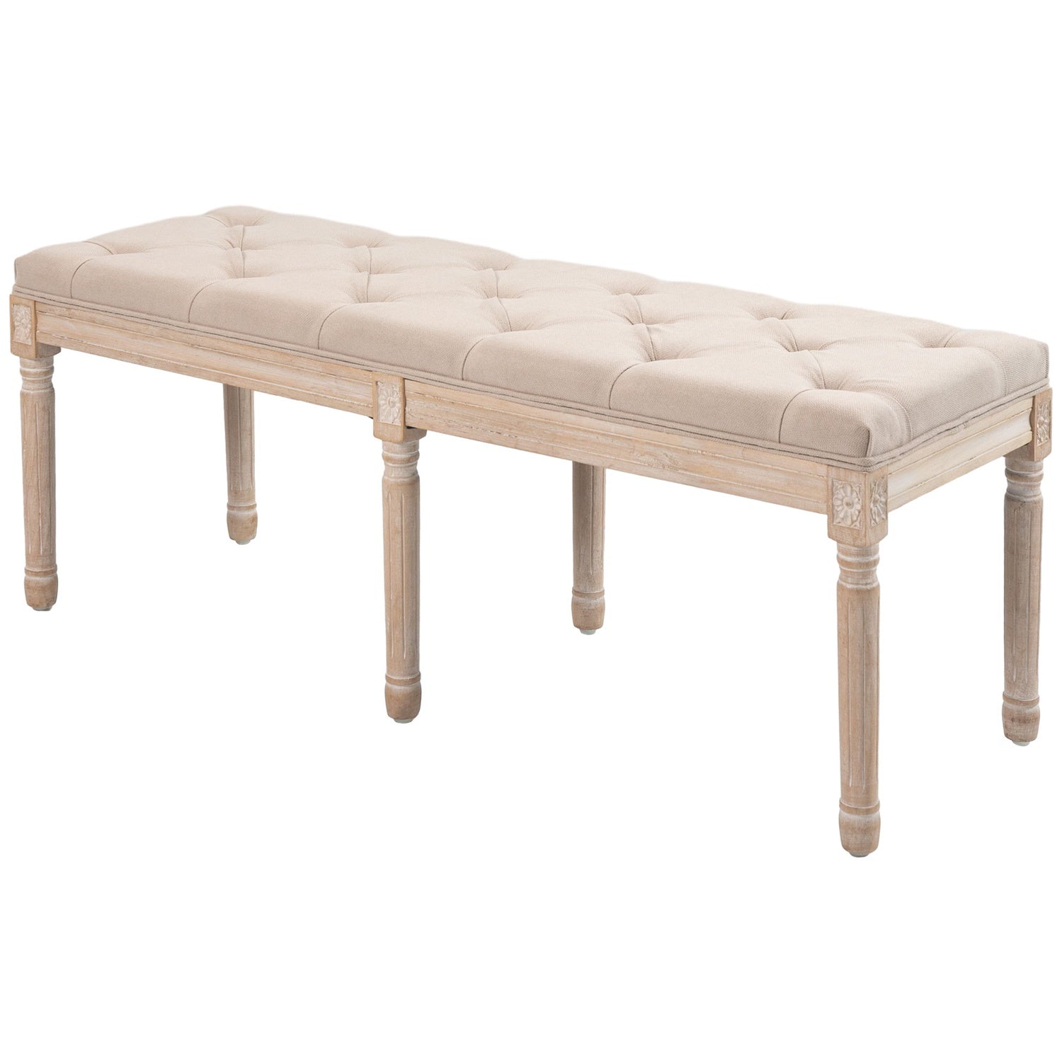 Beige gestoffeerde vintage bank, linnenlook, 117x40x48 cm