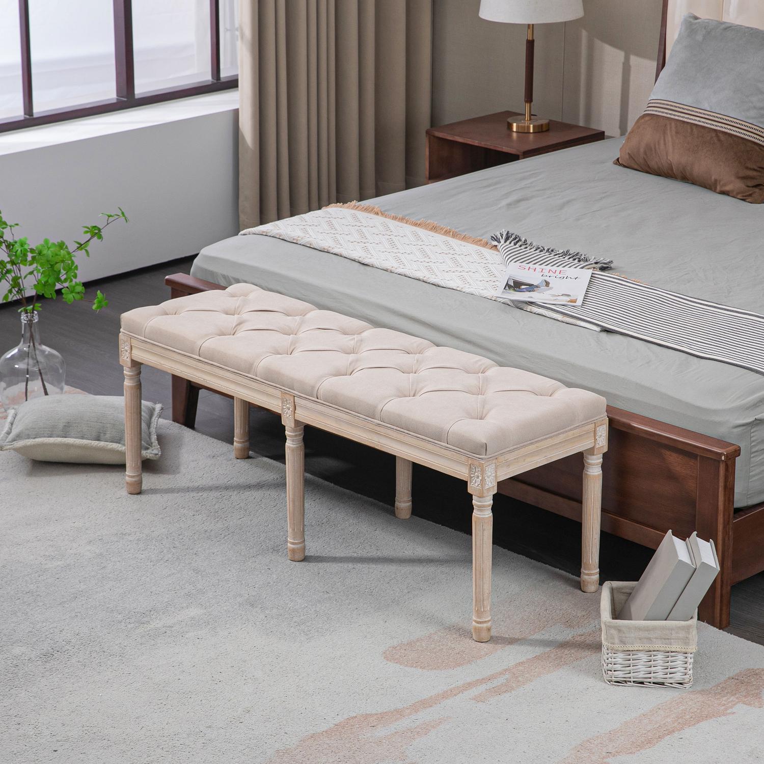 Beige gestoffeerde vintage bank, linnenlook, 117x40x48 cm
