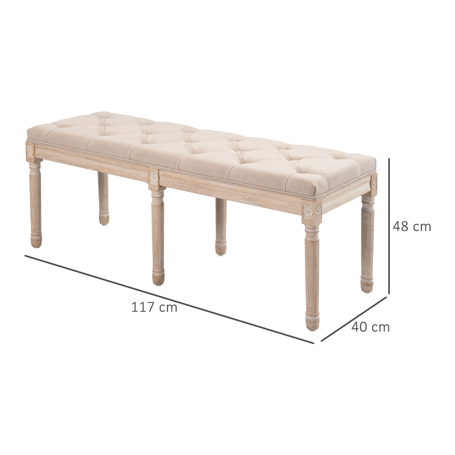 Beige gestoffeerde vintage bank, linnenlook, 117x40x48 cm