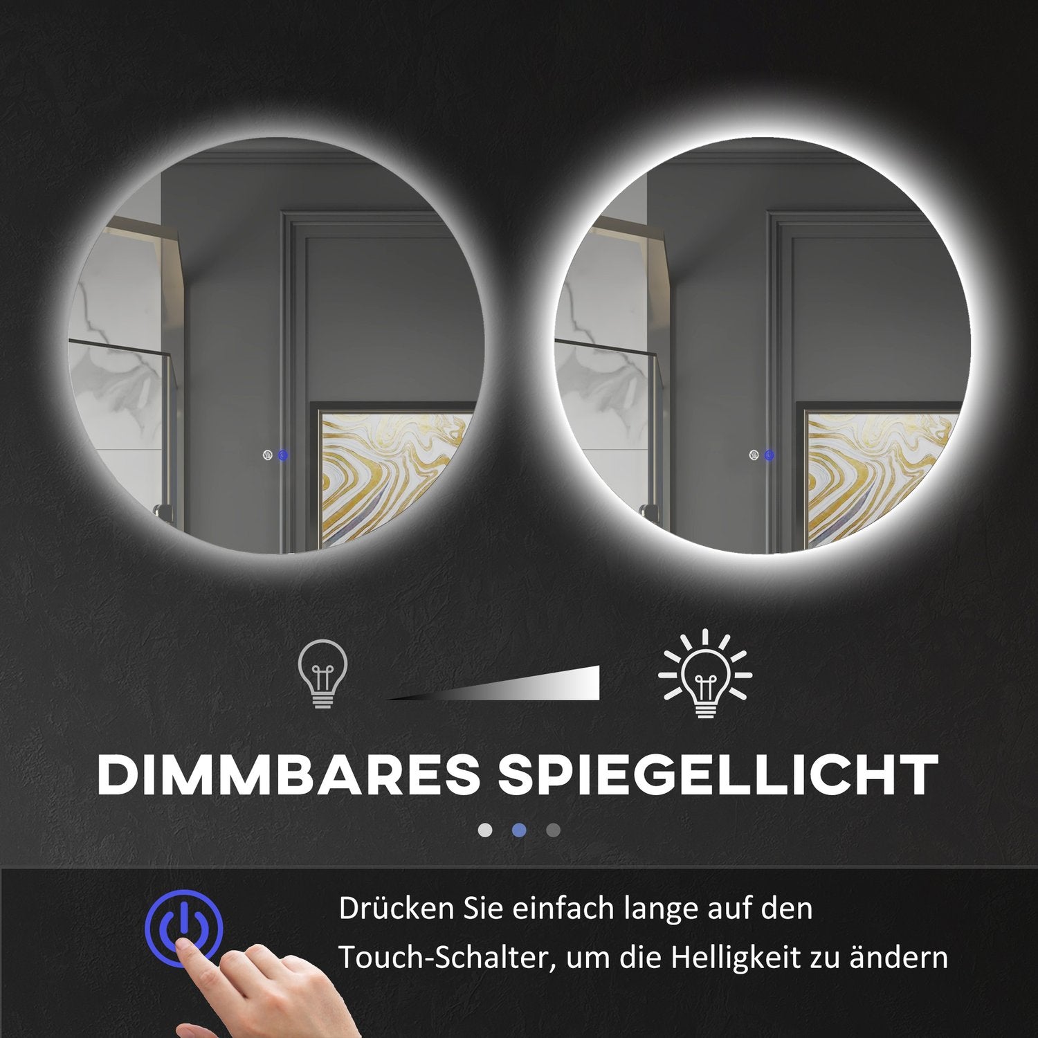 Verlichte badkamerspiegel, Ø70 cm, Anti-Condens, Touchschakelaar