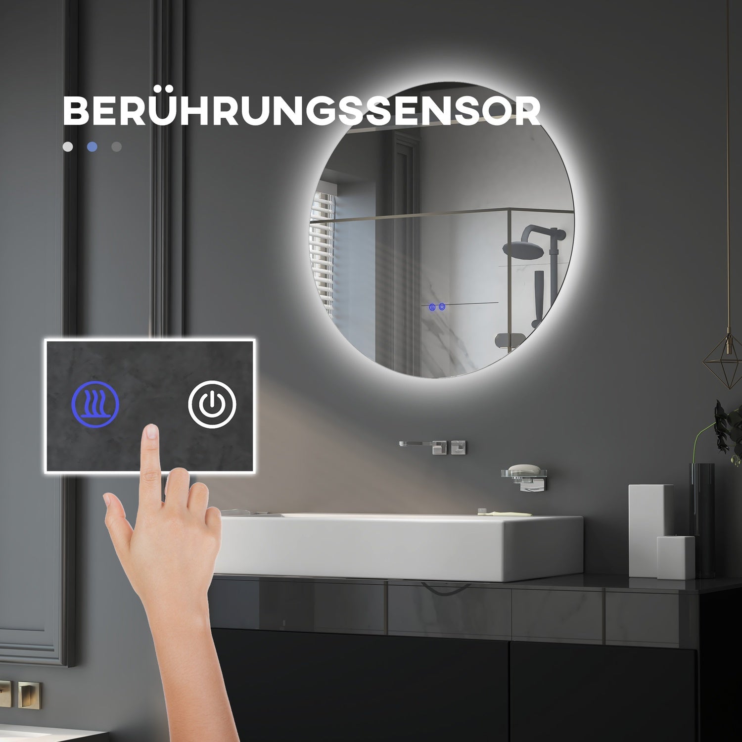 Verlichte badkamerspiegel, Ø70 cm, Anti-Condens, Touchschakelaar