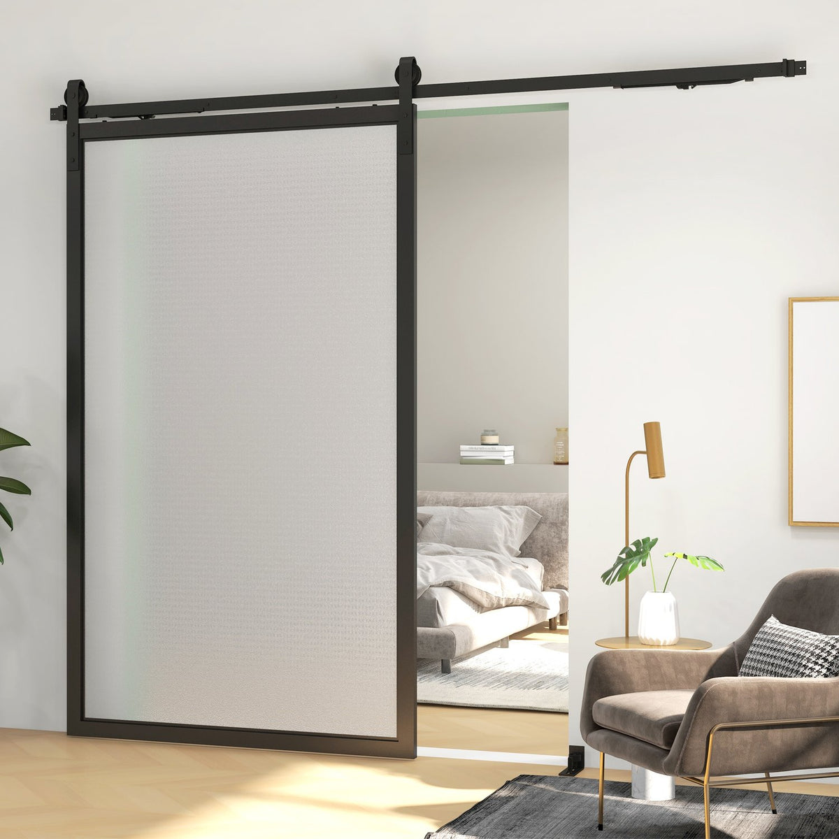 Beslagenset voor schuifdeuren, 244 cm, koolstofstaal, zwart