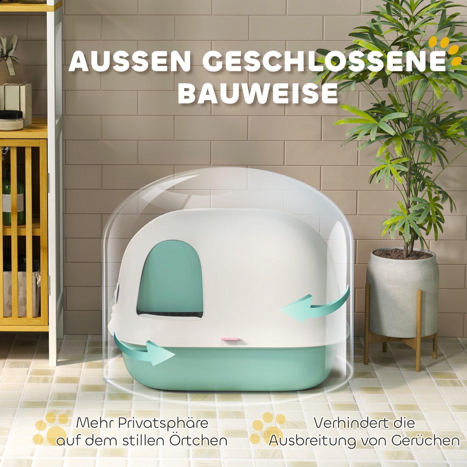 Bijgevoegde groene kattenbak met zeef en deksel