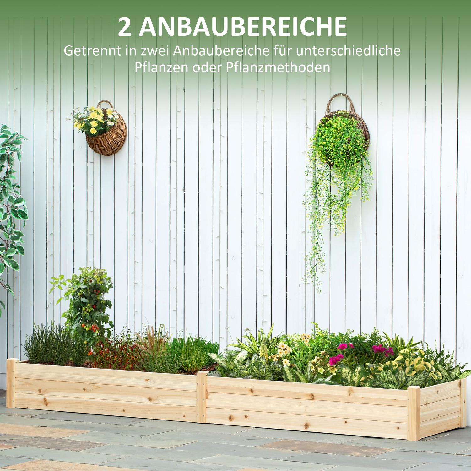 Houten bloembak met twee plantsecties, 244x61,5x27cm