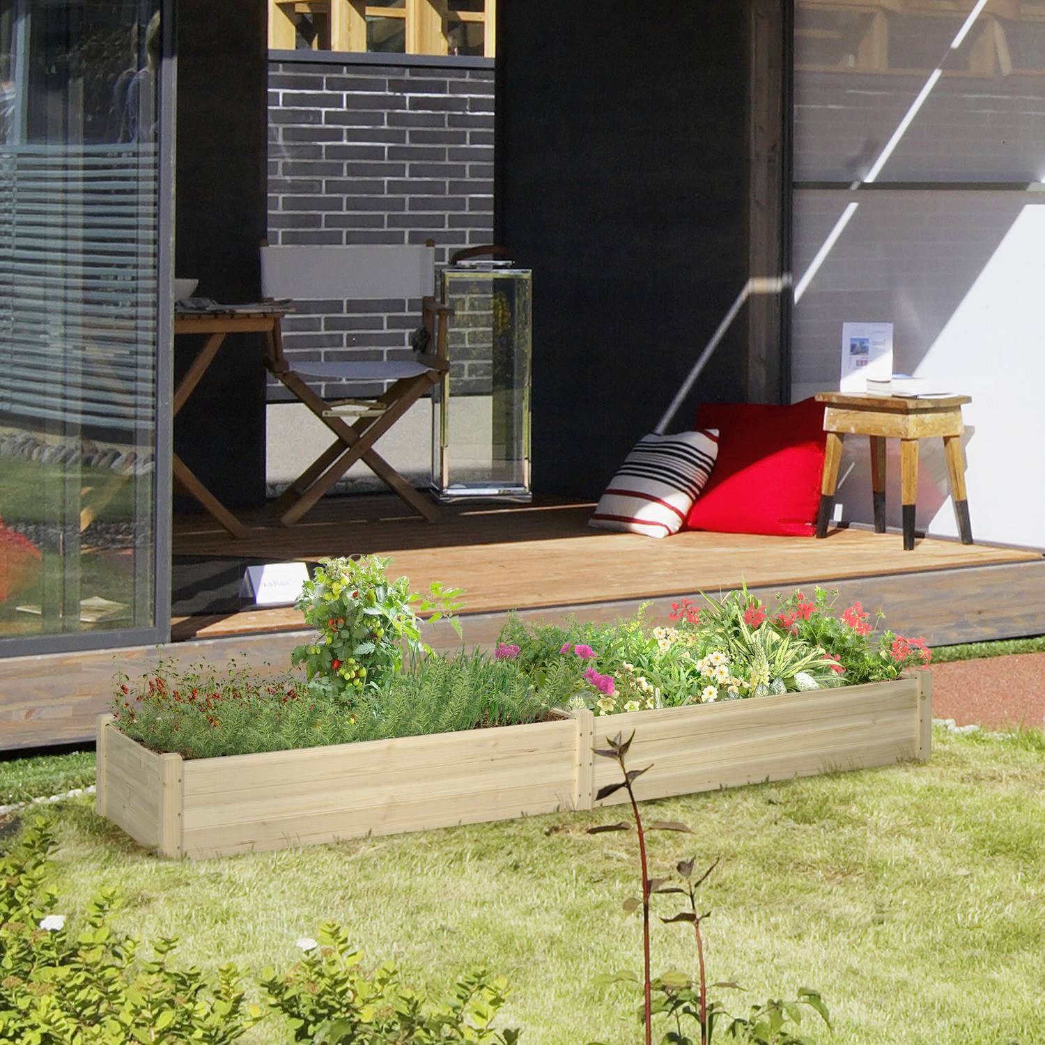 Houten bloembak met twee plantsecties, 244x61,5x27cm