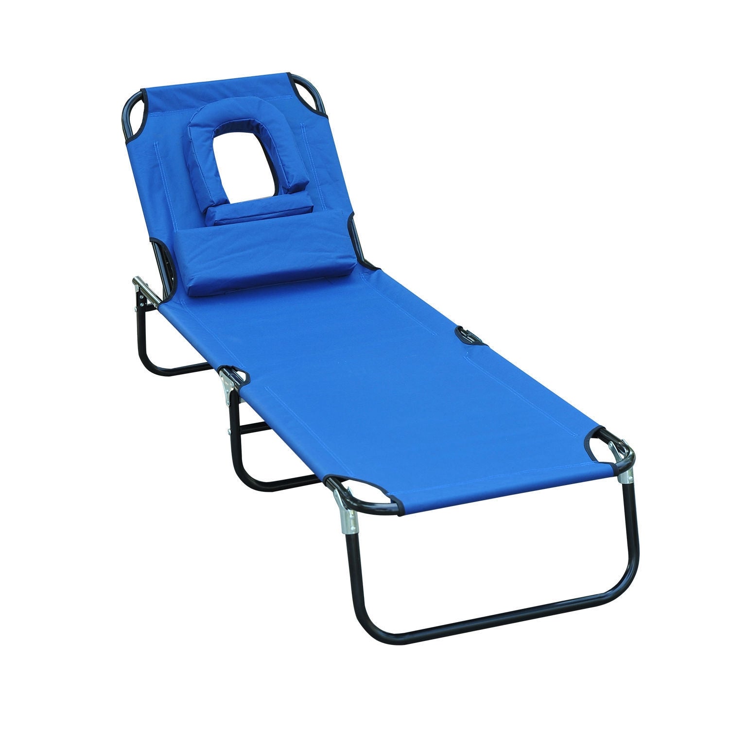 Blauwe tuinstoel met gezichtsopening voor ontspanning