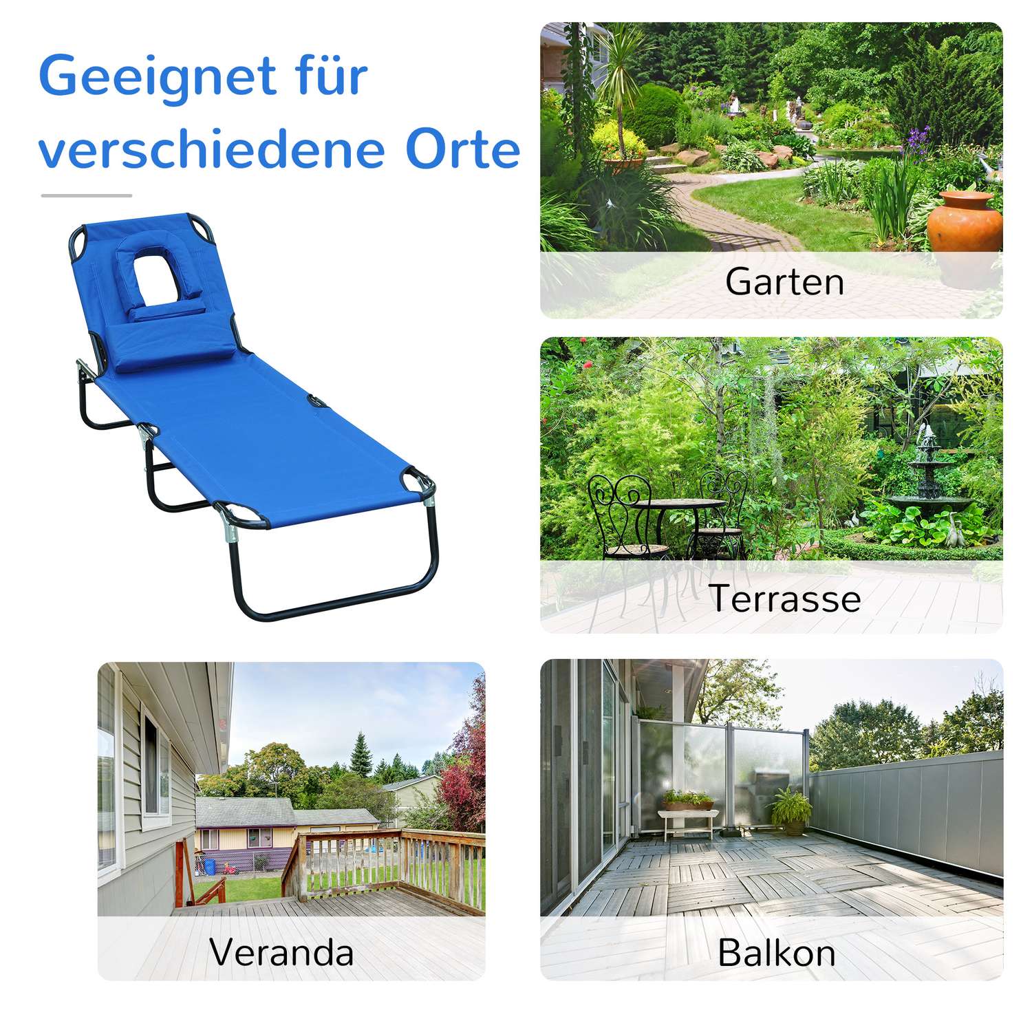 Blauwe tuinstoel met gezichtsopening voor ontspanning