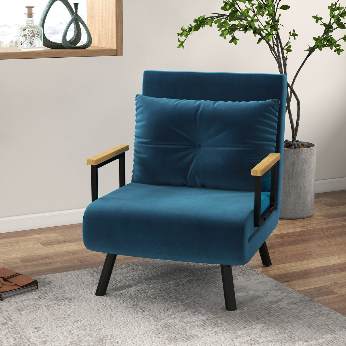 Blauw Fluweel Slaapbank – Verstelbare rugleuning, 63x73x81cm