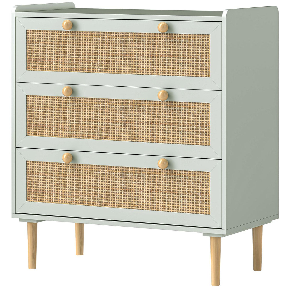 Boho Rattan ladekast, dressoir met 3 laden, lichtblauw