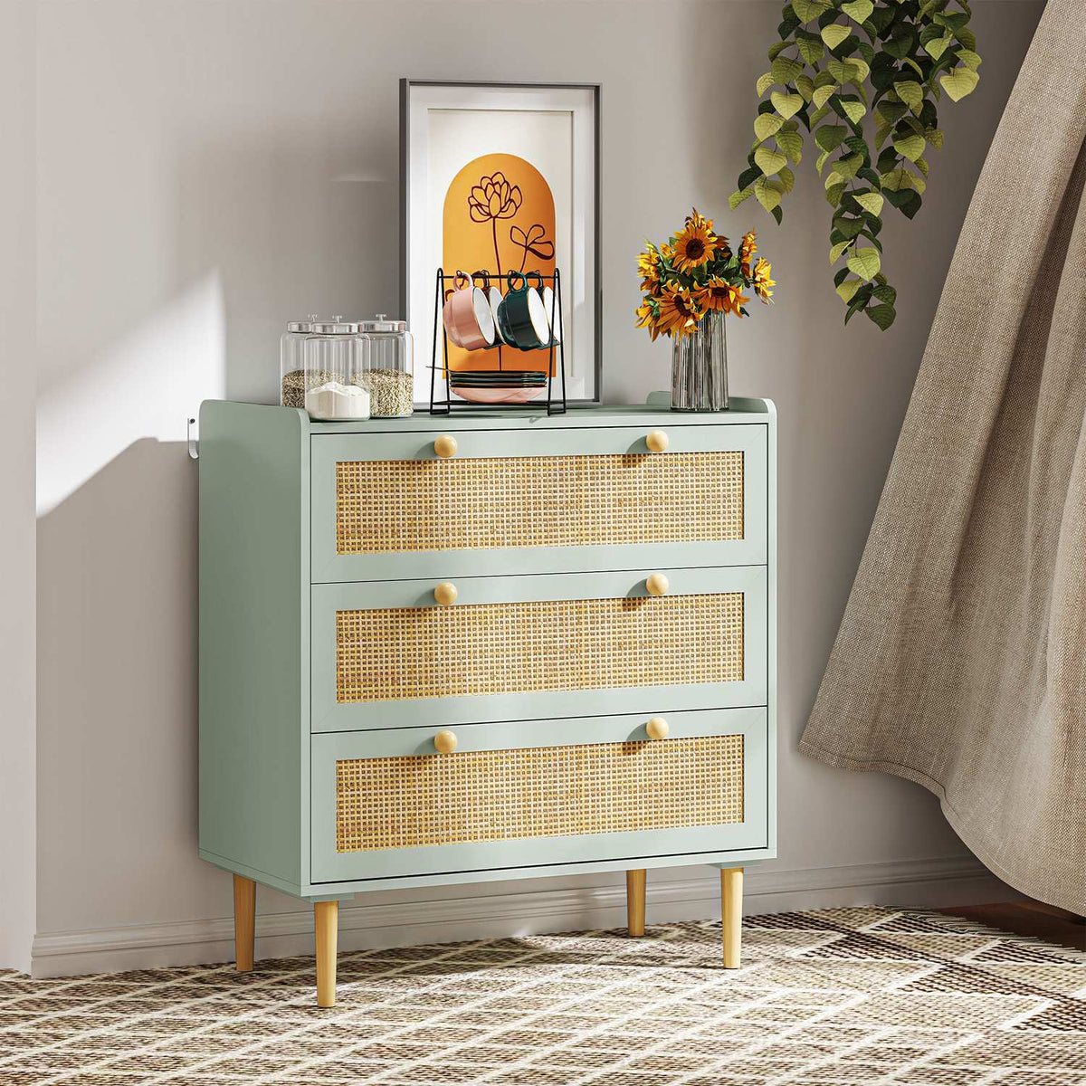 Boho Rattan ladekast, dressoir met 3 laden, lichtblauw