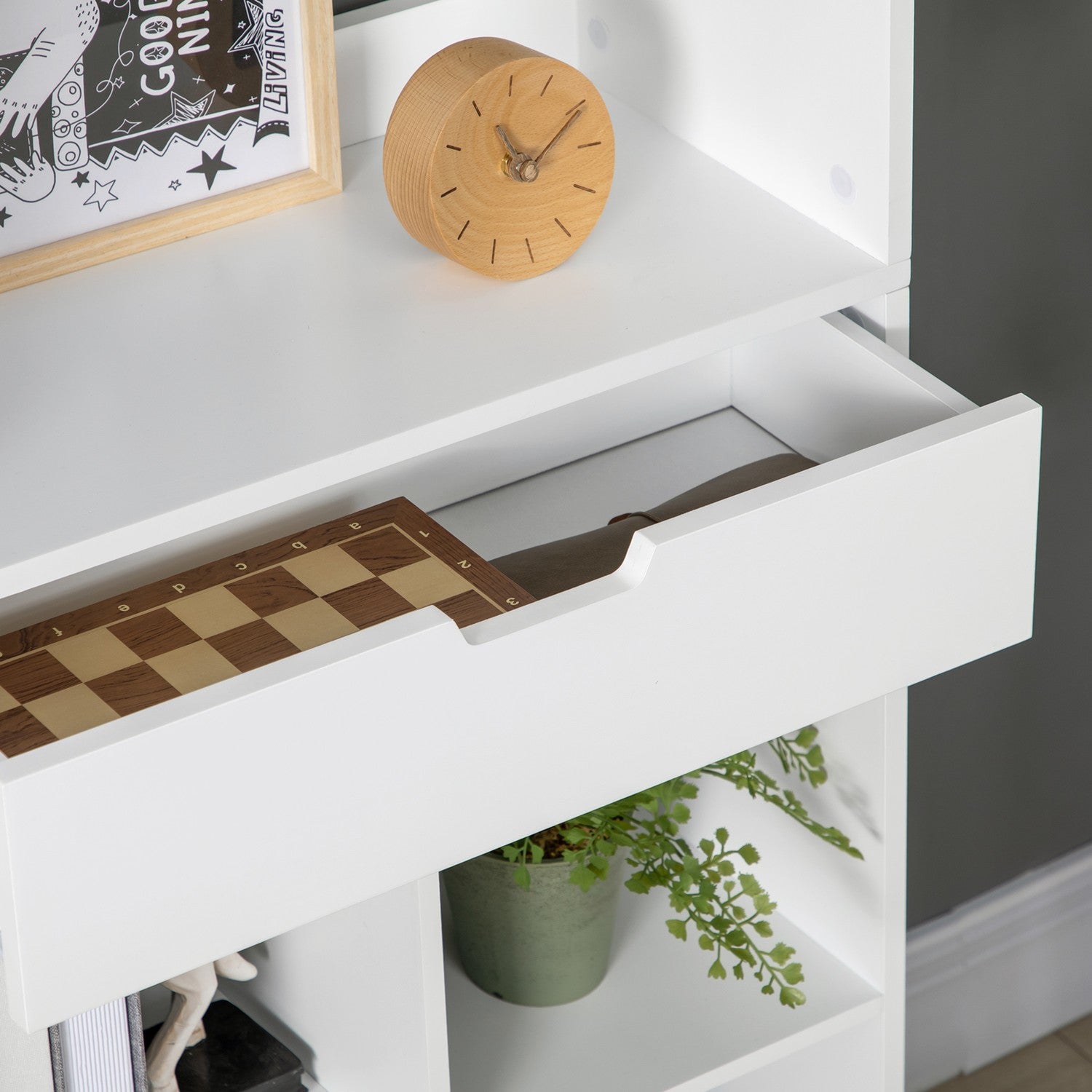 Boekenkast met 9 schappen en lade – anti-kantelbeveiliging, wit